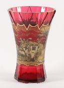 KRATERVASE, farbloses Glas, rubiniert, Umdruckdekor mit Figurenszene, Goldstaffage und -rand, H