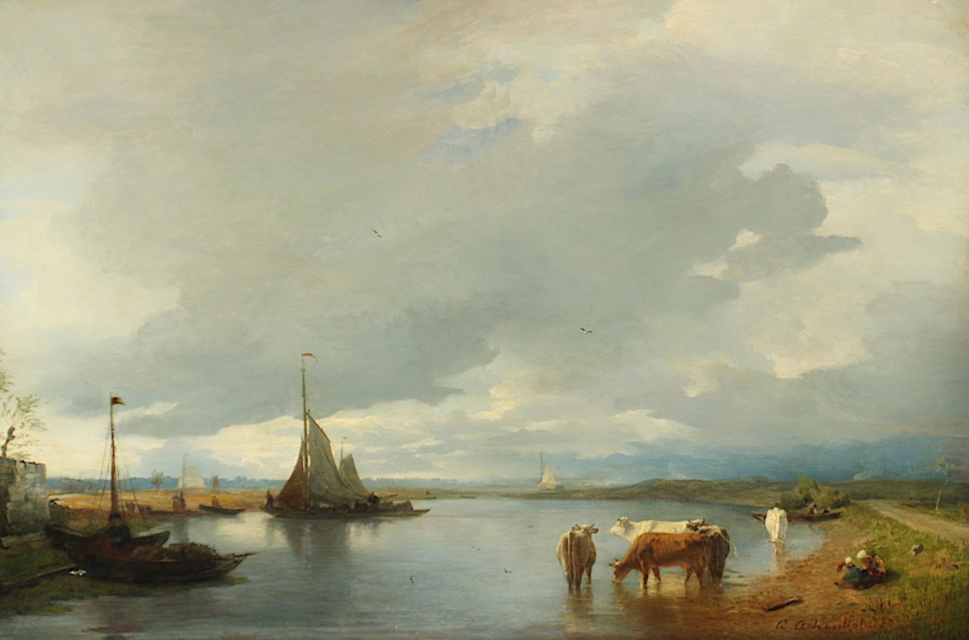 ACHENBACH, Andreas (1815-1910), "Am Niederrhein", Öl/Lwd., 64 x 94, unten rechts signiert und "73"