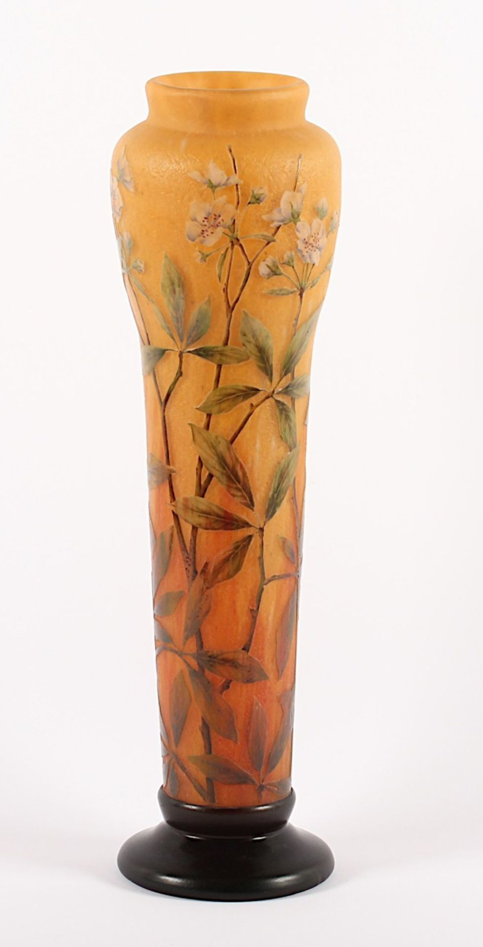 JUGENDSTIL-VASE, farbloses, satiniertes Glas, orange-gelbe Pulvereinschmelzungen, umlaufend