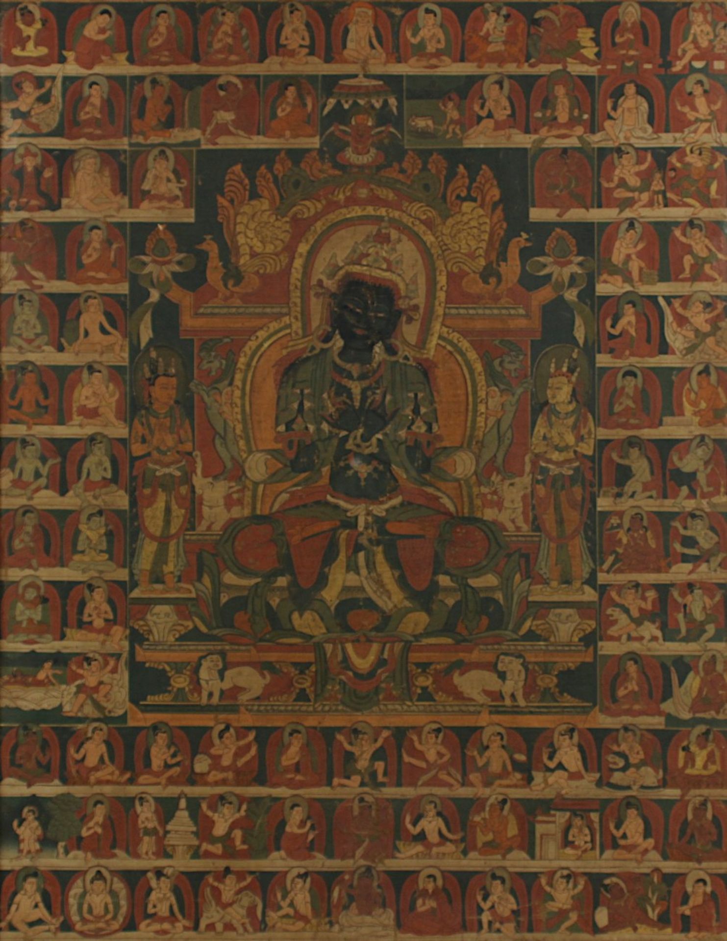 THANGKA AMOGHASIDDHI, Gouache und Gold auf Stoff, der kosmische Buddha sitzt unterhalb eines