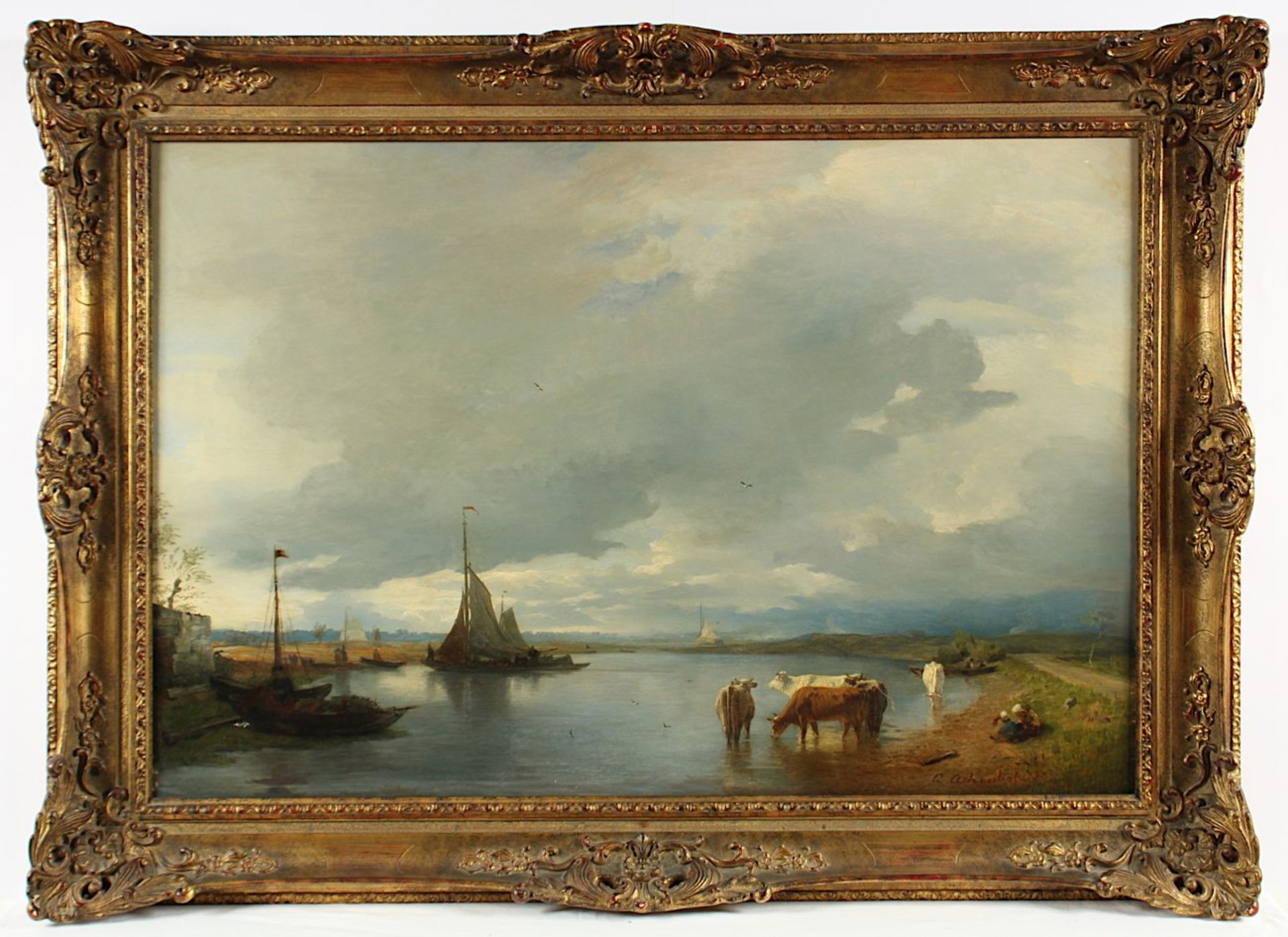 ACHENBACH, Andreas (1815-1910), "Am Niederrhein", Öl/Lwd., 64 x 94, unten rechts signiert und "73" - Bild 2 aus 5