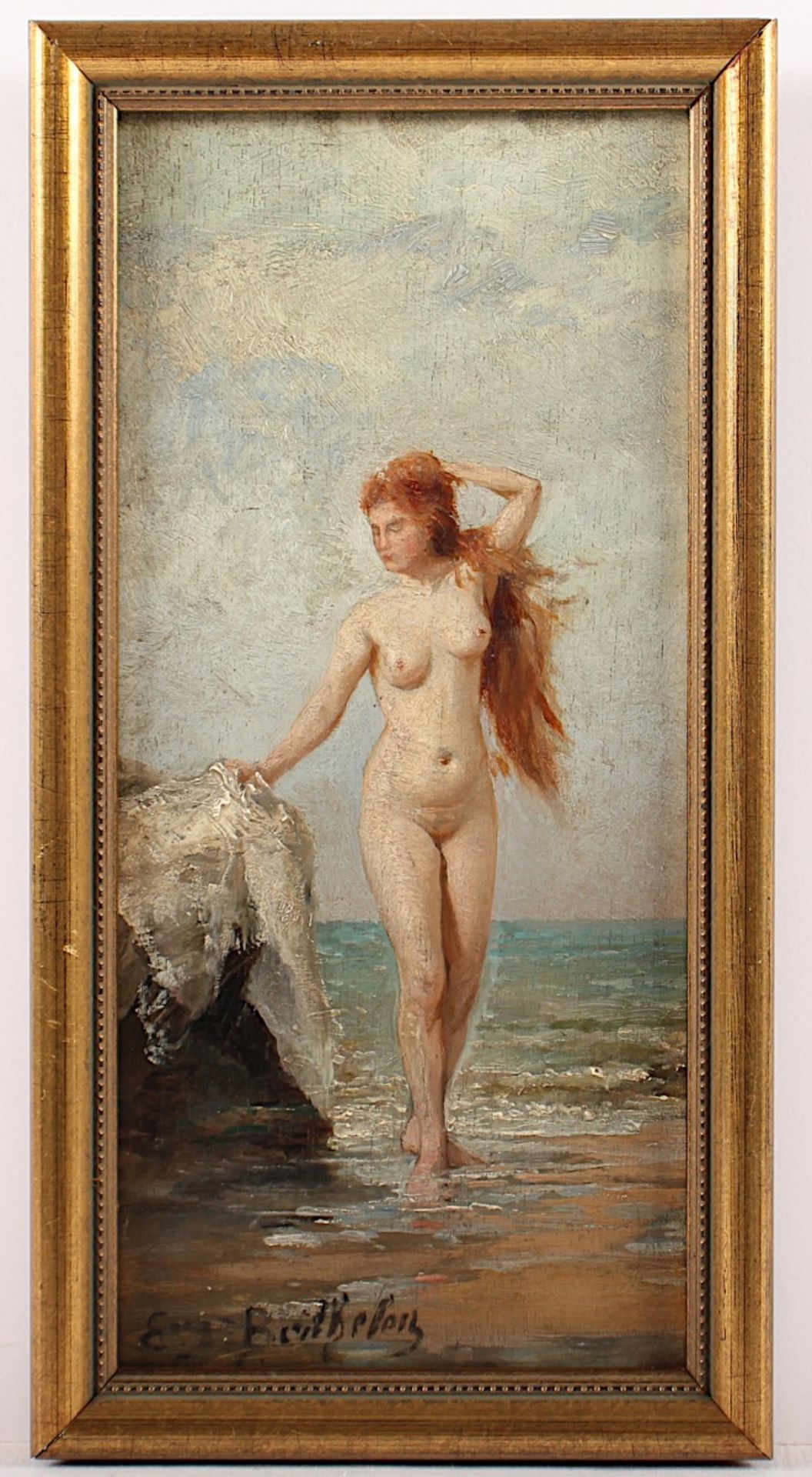 BERTHELEN, E. (Maler um 1900), "Weiblicher Akt", Öl/Holz, 24 x 11,5, unten links signiert, R. - Bild 2 aus 3