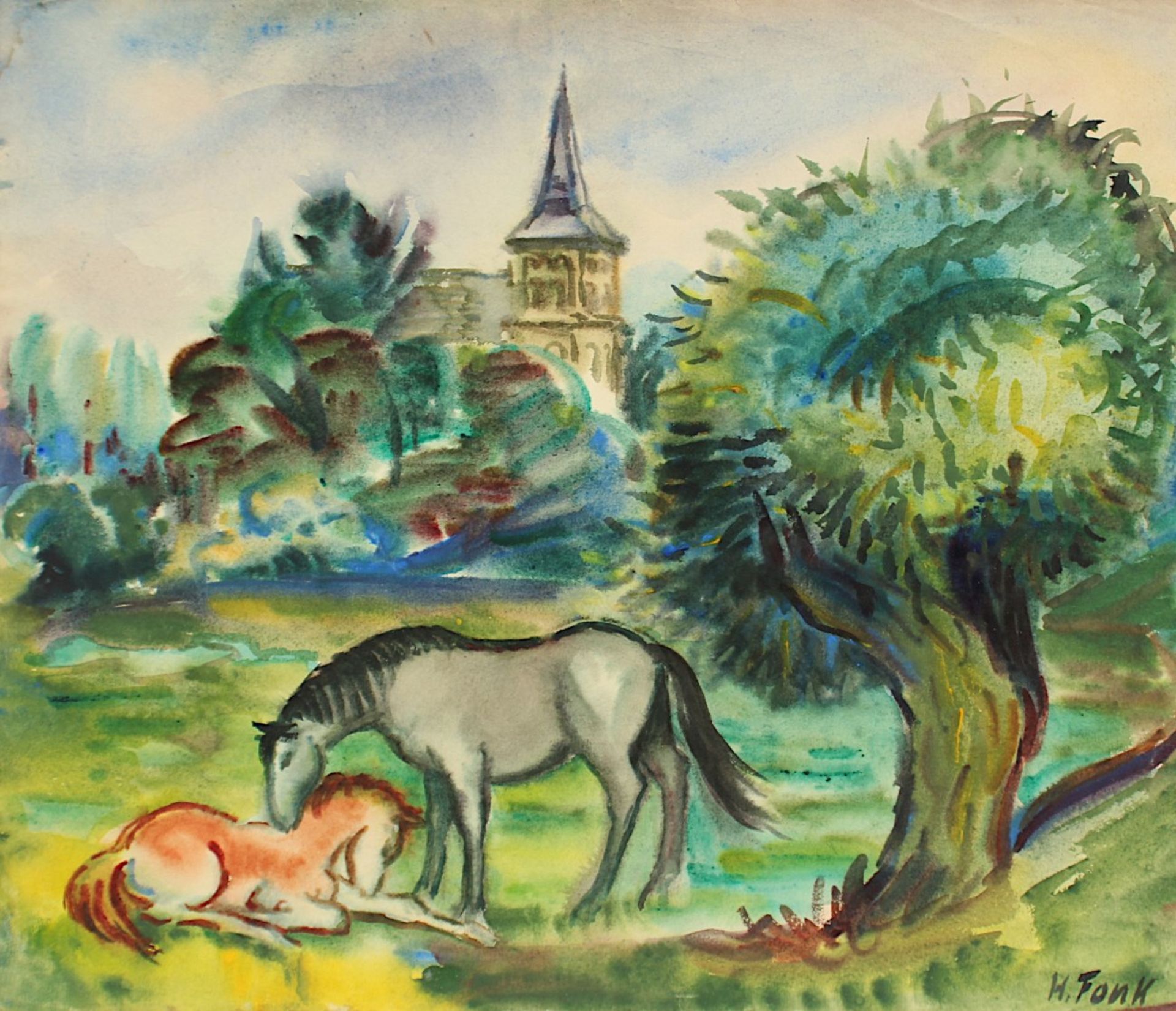 FONK, Hanna (1905-1969), "Pferde", Aquarell/Papier, 50 x 59,5, besch., unten rechts signiert