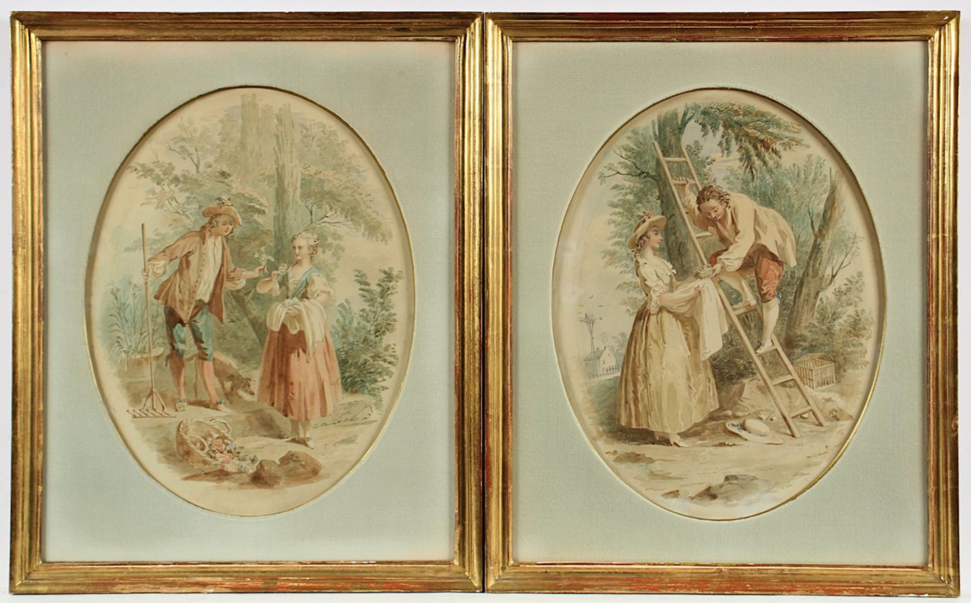 FRANKREICH E.19.JH., "Zwei galante Szenerien", Bleistift/Aquarell/Papier, 39 x 29,5 (