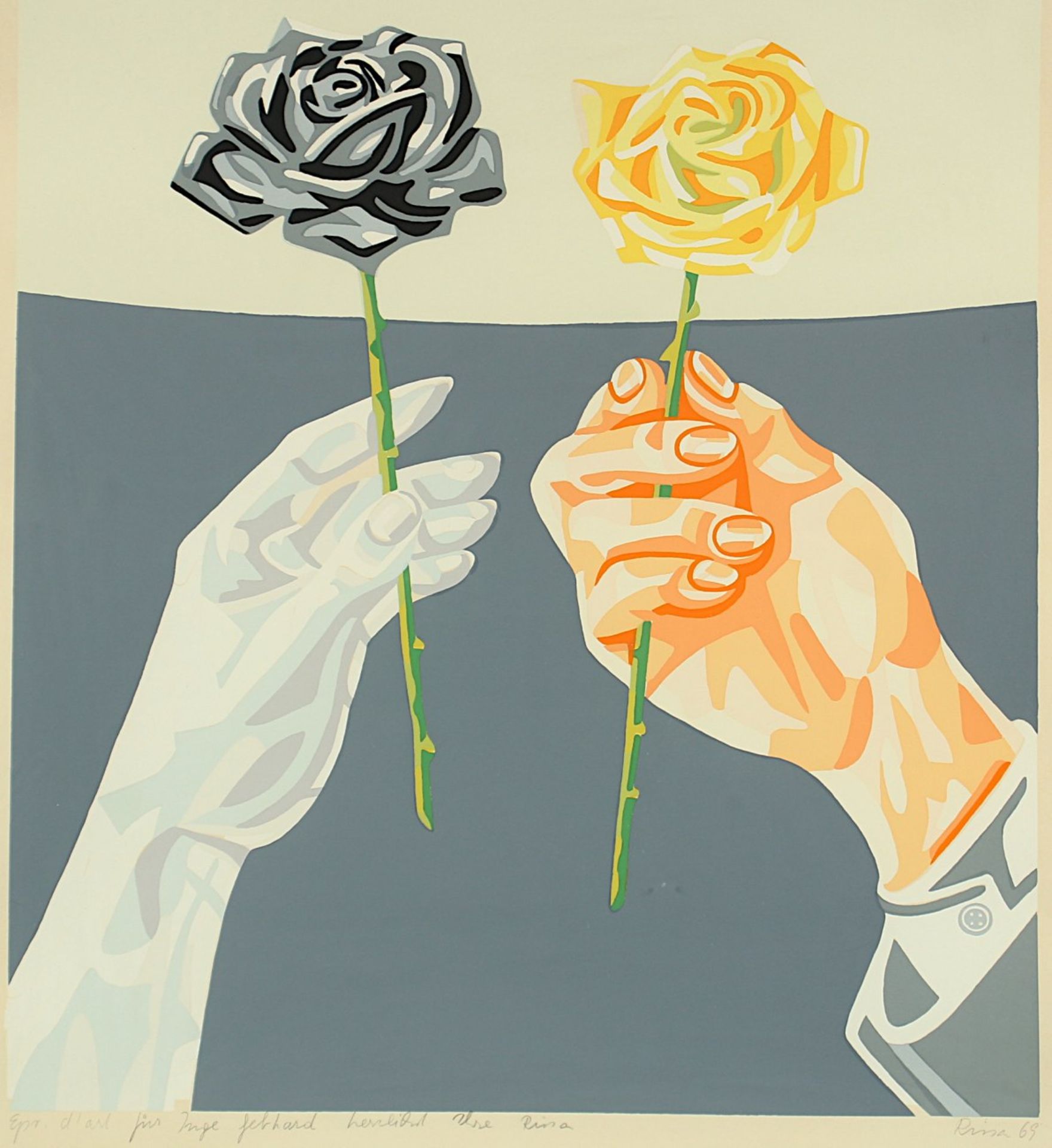RISSA, "Hände mit Rosen", Farbserigrafie, 55 x 47, bez. Epr. d'art., Widmung, handsigniert und - Bild 2 aus 2
