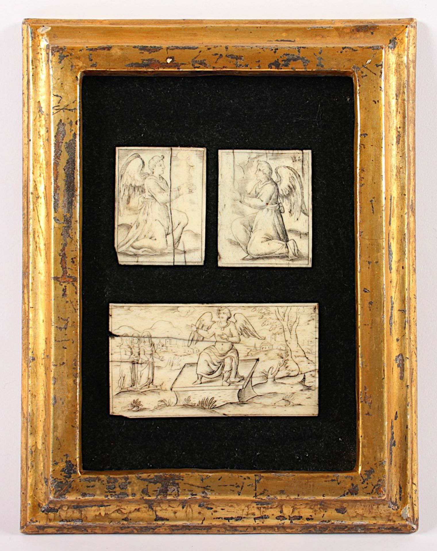 DREI MINIATURBILDTAFELN, Bein, fein geritzt, zwei Adoranten-Engel sowie Engelserscheinung, bis 5 x - Bild 2 aus 2