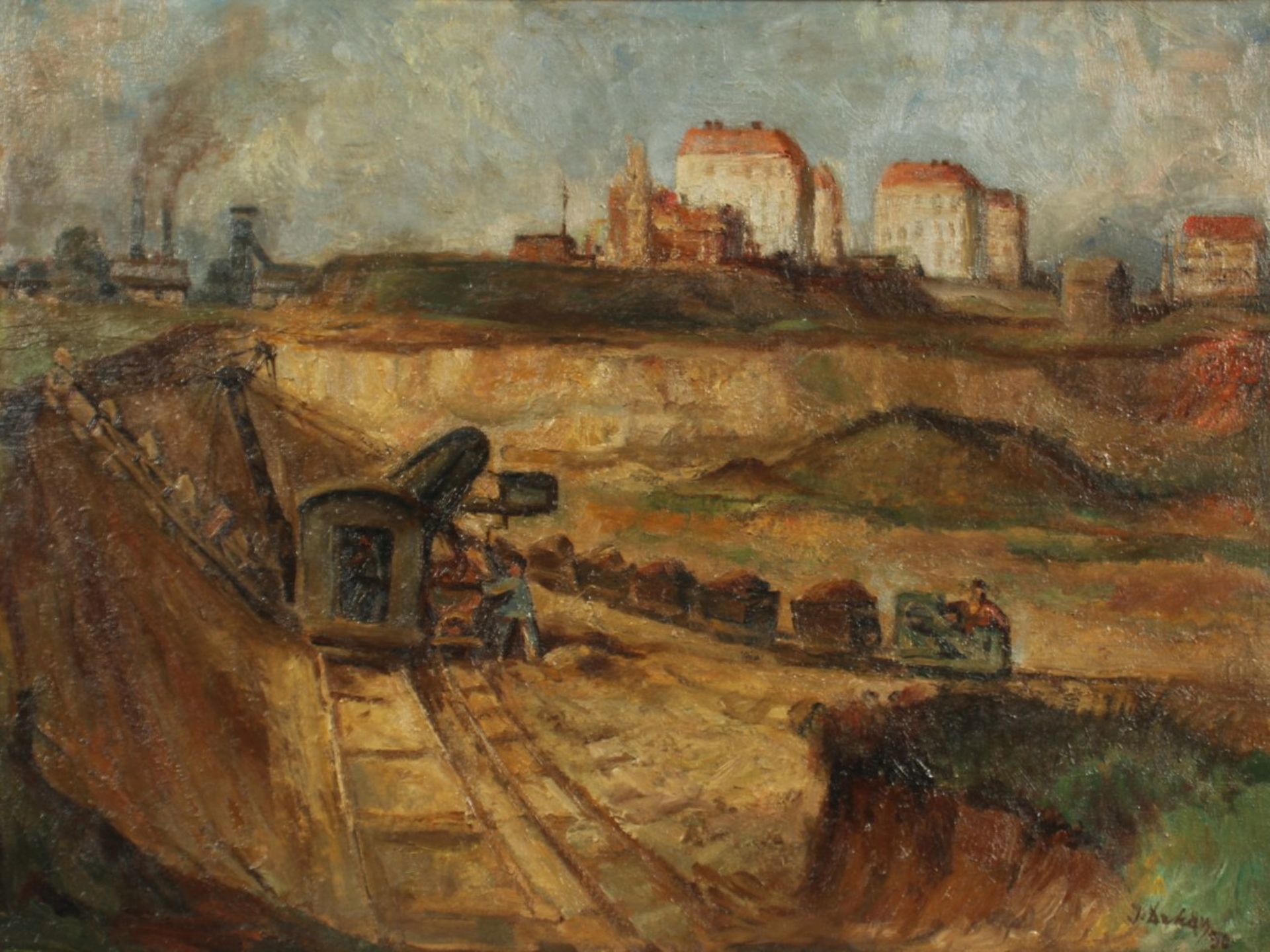 ARKAY, I. (Ungarischer Maler um 1930), "Abbau in einer Kiesgrube", Öl/Lwd., 60 x 80, unten rechts - Bild 2 aus 4