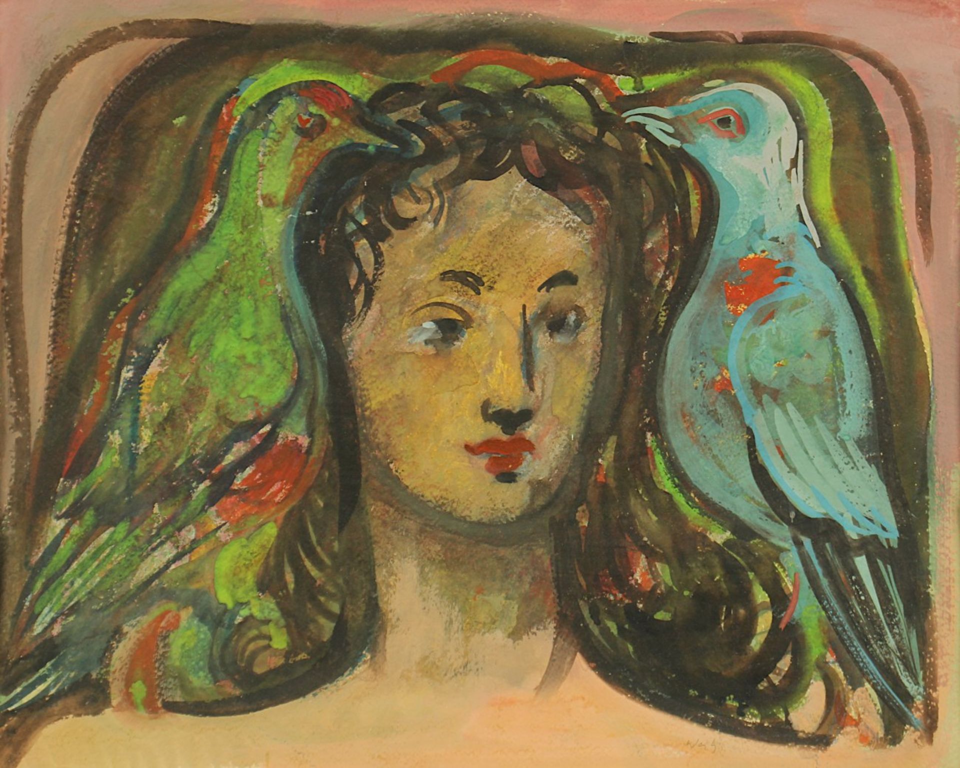 WEITZ, Jacob, "Kopf mit Taubenpaar", Gouache/Papier, 47 x 59, unten rechts signiert, R.