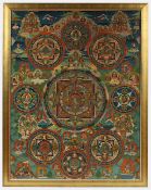 GROSSER THANGKA HEVAJRA MANDALA, Gouache und Gold auf Stoff, 127 x 95, unter Glas gerahmt, TIBET,