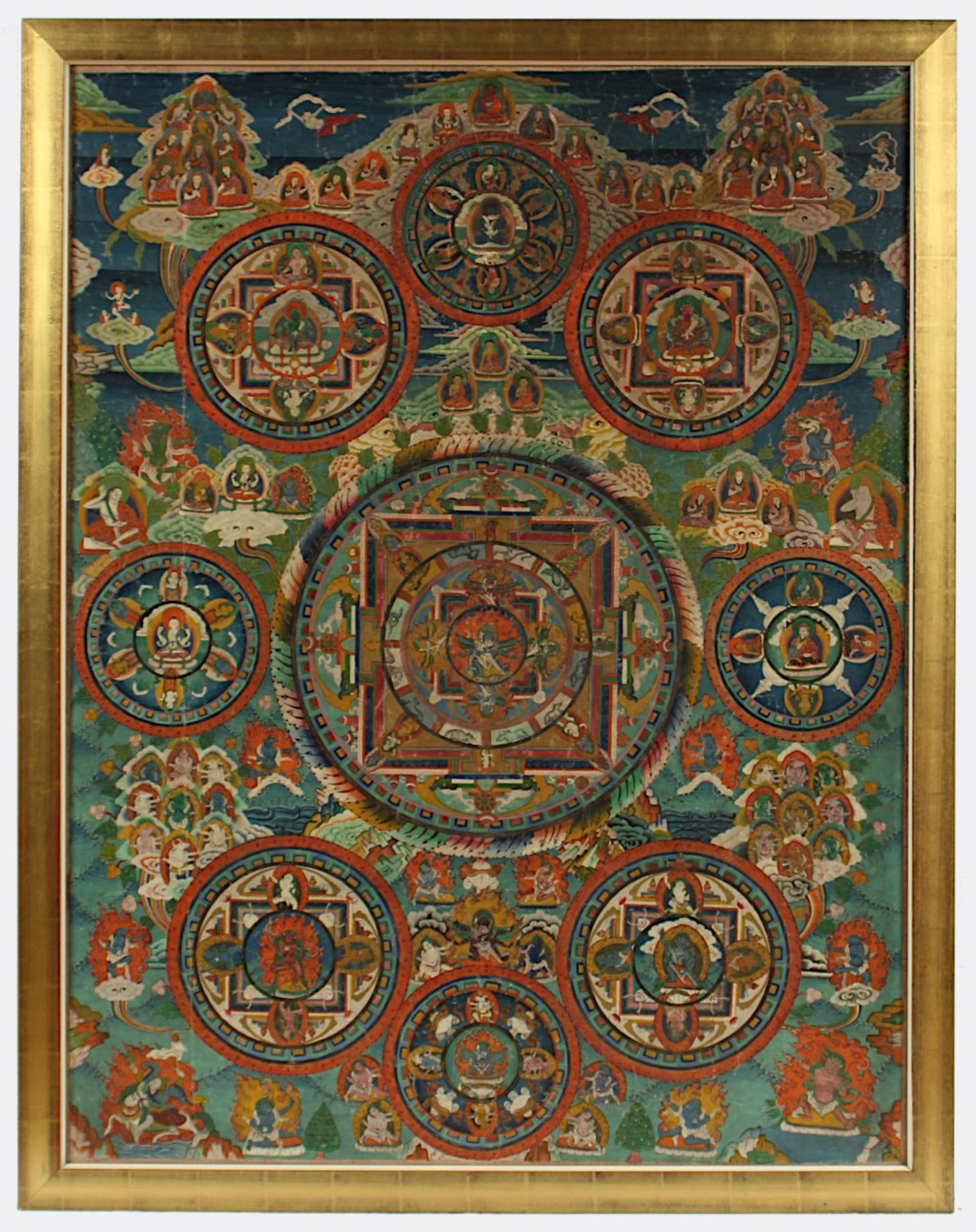 GROSSER THANGKA HEVAJRA MANDALA, Gouache und Gold auf Stoff, 127 x 95, unter Glas gerahmt, TIBET,