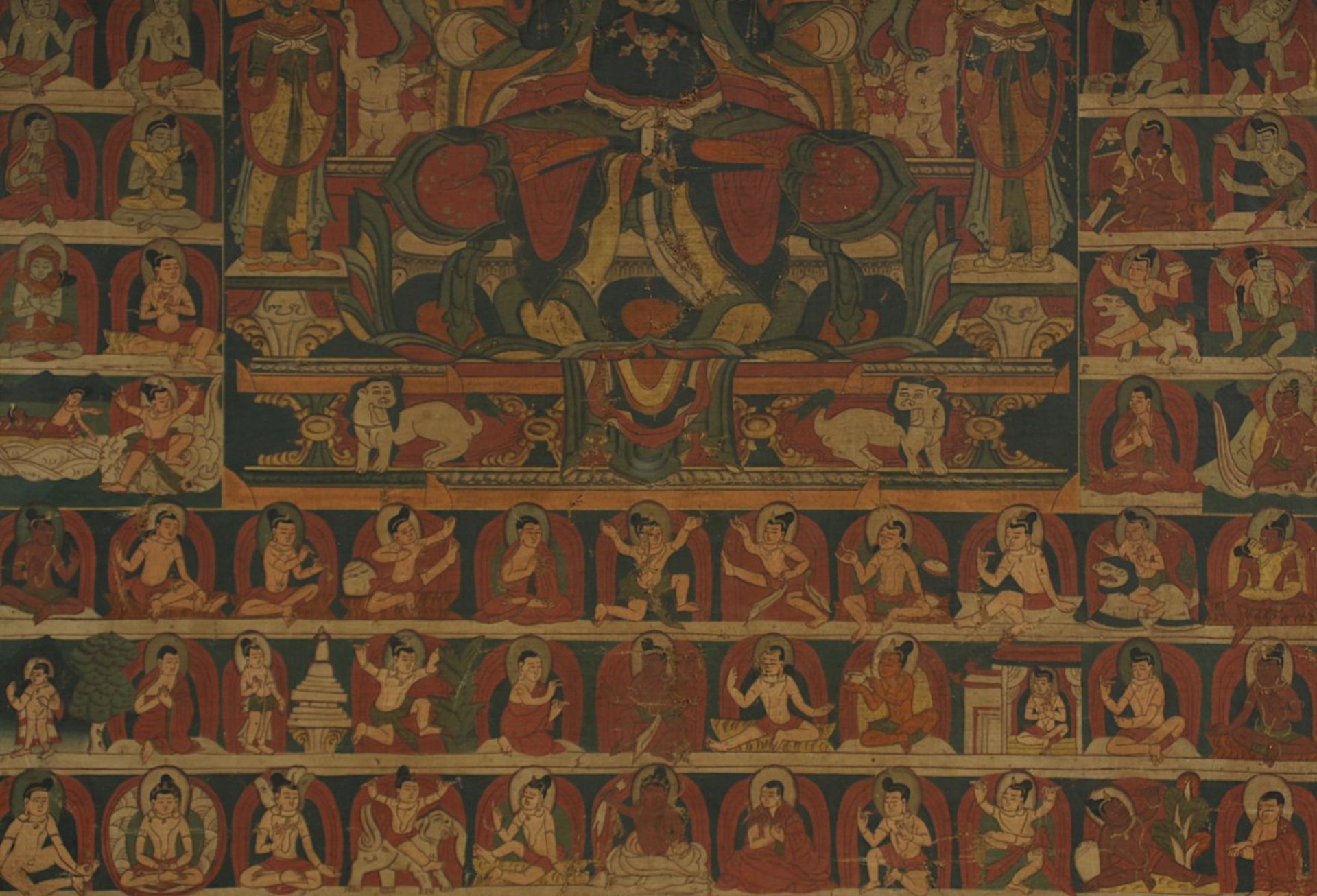 THANGKA AMOGHASIDDHI, Gouache und Gold auf Stoff, der kosmische Buddha sitzt unterhalb eines - Image 4 of 4