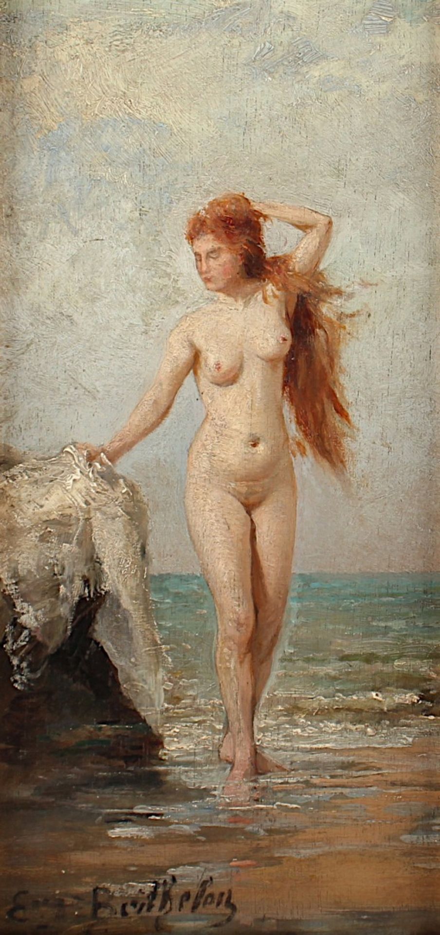 BERTHELEN, E. (Maler um 1900), "Weiblicher Akt", Öl/Holz, 24 x 11,5, unten links signiert, R.