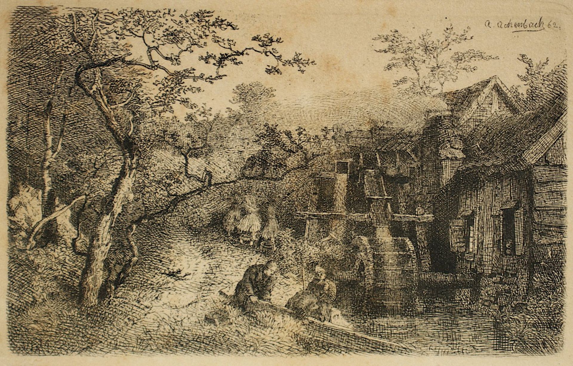 ACHENBACH, Andreas (1815-1910), "An der Mühle", Radierung, 10 x 17, in der Platte signiert, fleckig,