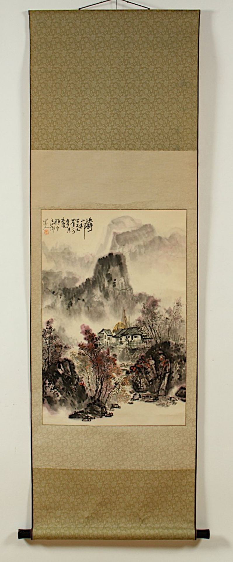 ROLLBILD, Tusche und Farben auf Papier, Landschaft, Aufschrift und Siegel, 68 x 45, montiert, CHINA, - Bild 2 aus 4