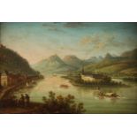 RHEINROMANTIKER UM 1840, "Blick ins Rheintal mit der Insel Nonnenwerth", Öl/Metall, 12 x 16,5, verso