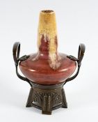 JUGENDSTIL-VASE, Keramik, polychrom glasiert mit Bronzemontur, H 17, wohl DENBAC, um 1900