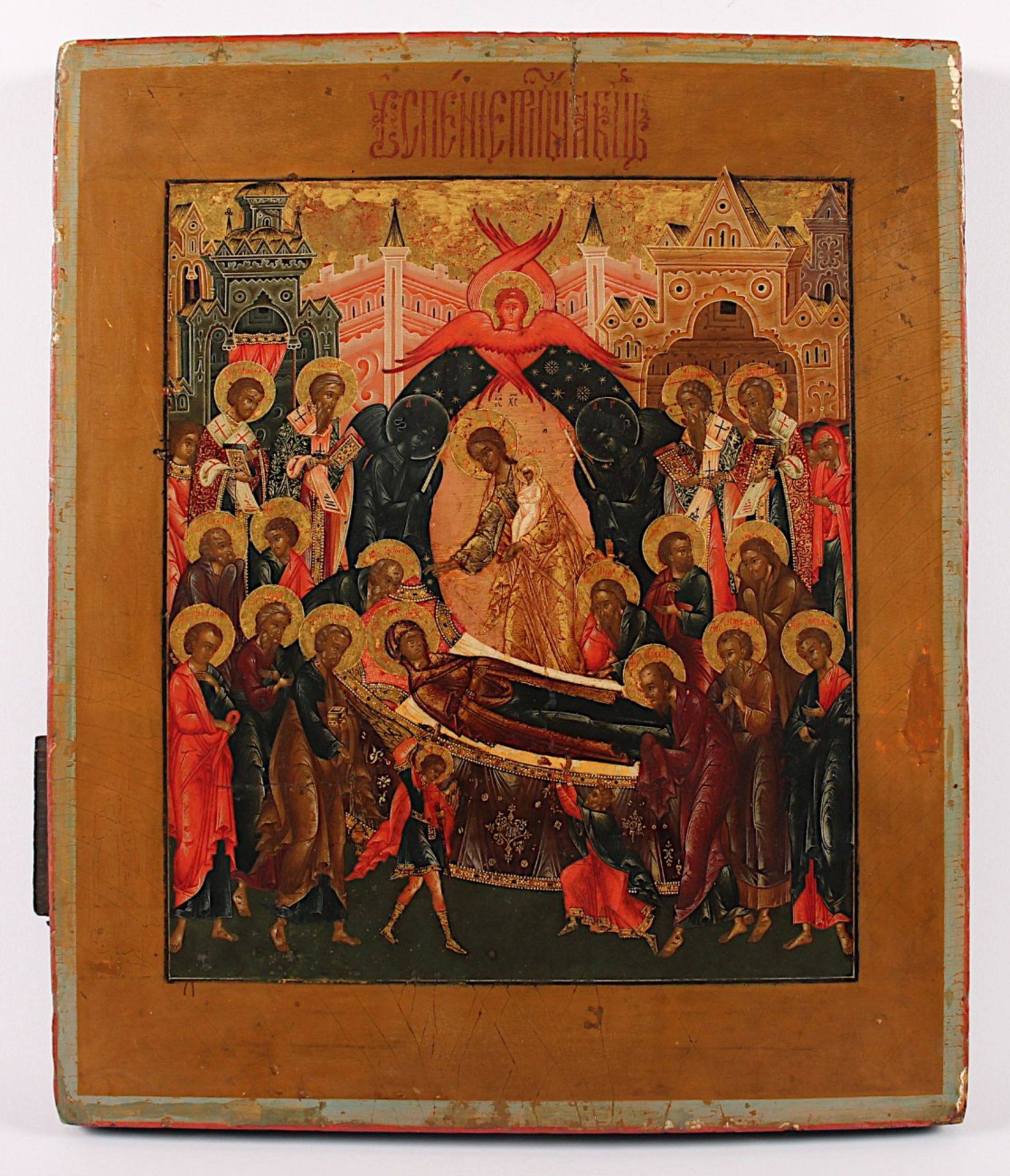 IKONE, "Entschlafung der Gottesmutter", Tempera/Holz, 35,5 x 30, leicht eingetieft, Feinmalerei,