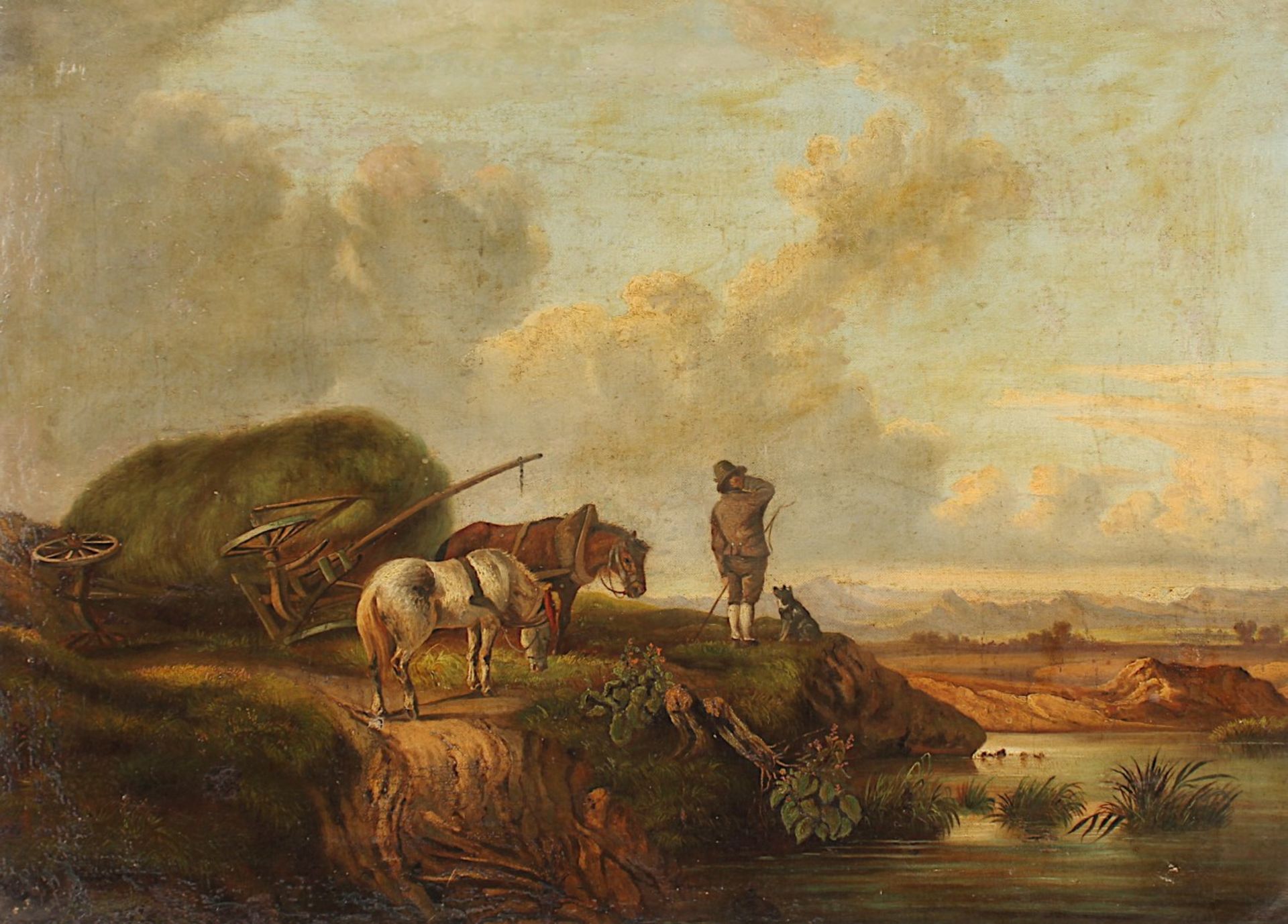 BÜRKEL, Heinrich (1802-1869), Kopie nach, 2.H.19.Jh., "Landschaft mit umgestürztem Heuwagen", Öl/