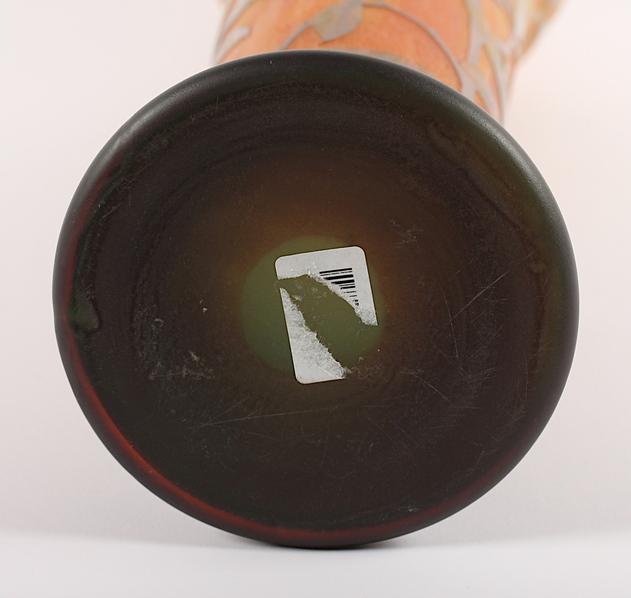 JUGENDSTIL-VASE, farbloses, satiniertes Glas, orange-gelbe Pulvereinschmelzungen, umlaufend - Image 6 of 6