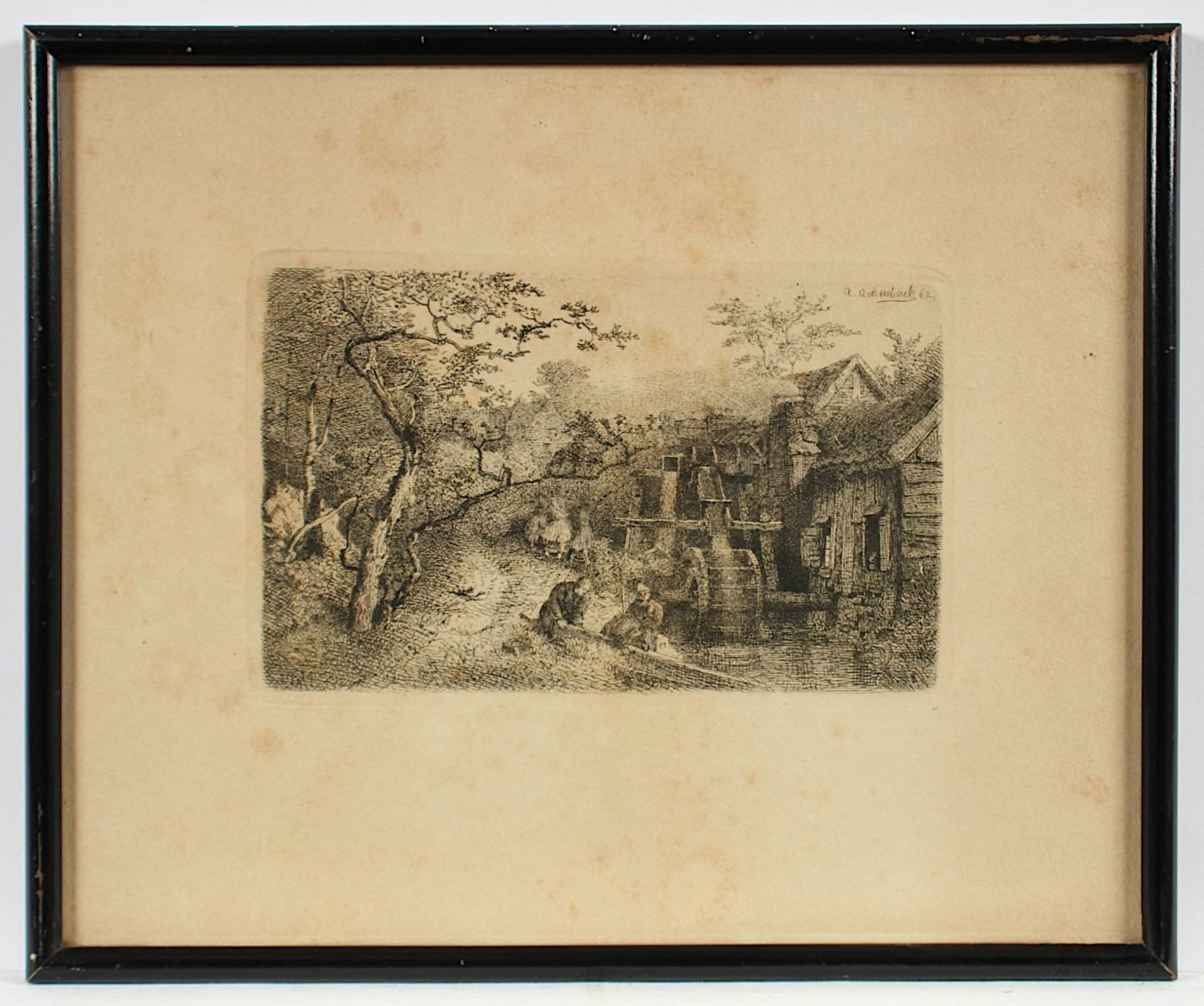 ACHENBACH, Andreas (1815-1910), "An der Mühle", Radierung, 10 x 17, in der Platte signiert, fleckig, - Bild 2 aus 2