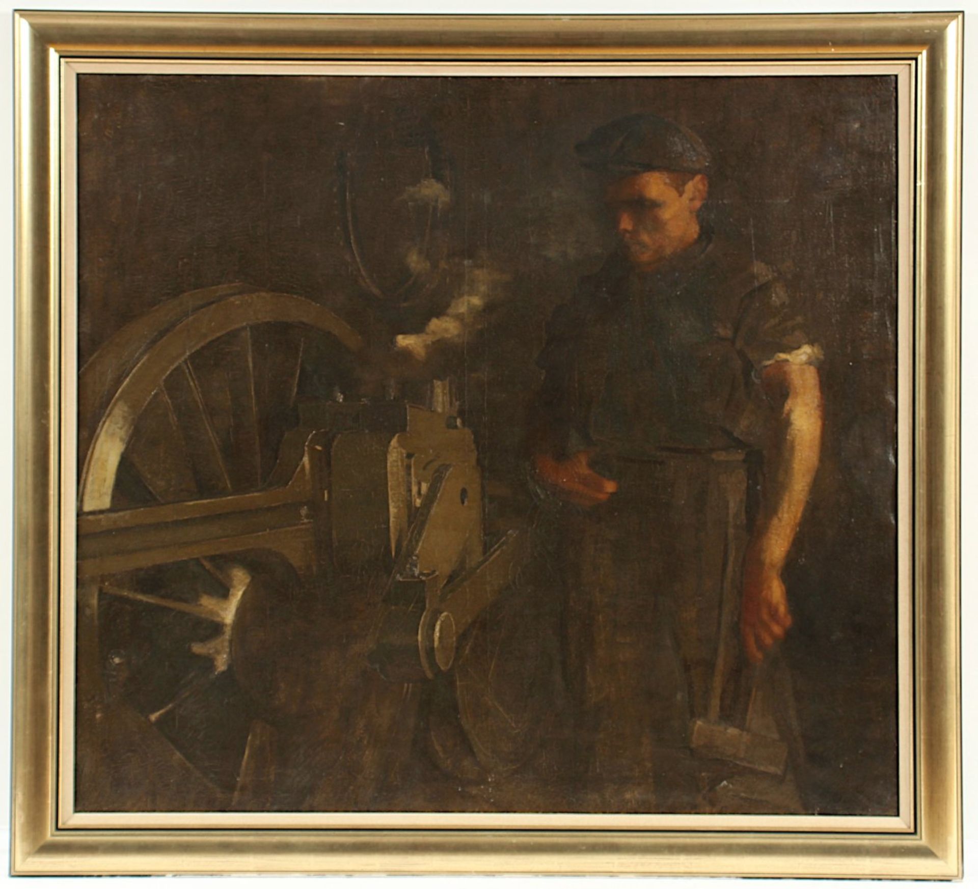 BRÜLL, Aladár (1890-1953), "Arbeiter an einer Lokomotive", Öl/Lwd., 95 x 105, oben rechts signiert
