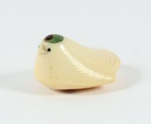 NETSUKE FUKURA SUZUME, Elfenbein, Augen schwarzes Horn, partiell gefärbt, expressiv geschnitzte, die