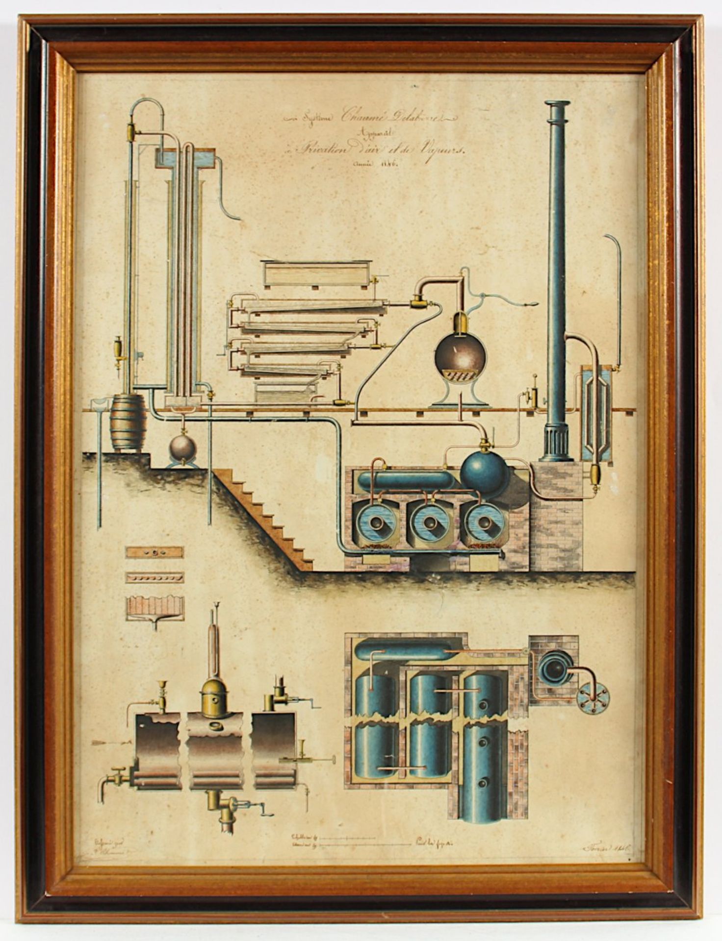 CHAUMÉ, C. (Zeichner M.19.Jh.), "Maschinenaufriss", Aquarell/Papier, 58 x 41, unten links signiert