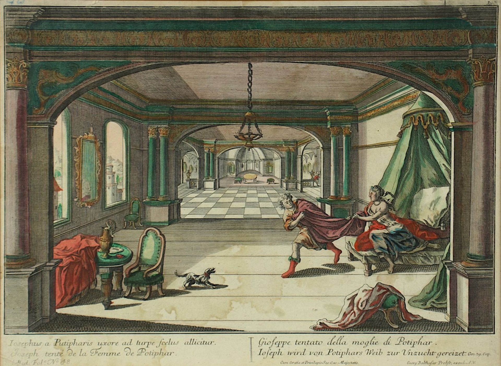 GUCKKASTENBLATT, "Iosephus a Putipharis uxore ad turpe scelus allicitur", kolorierter Kupferstich, - Bild 2 aus 2