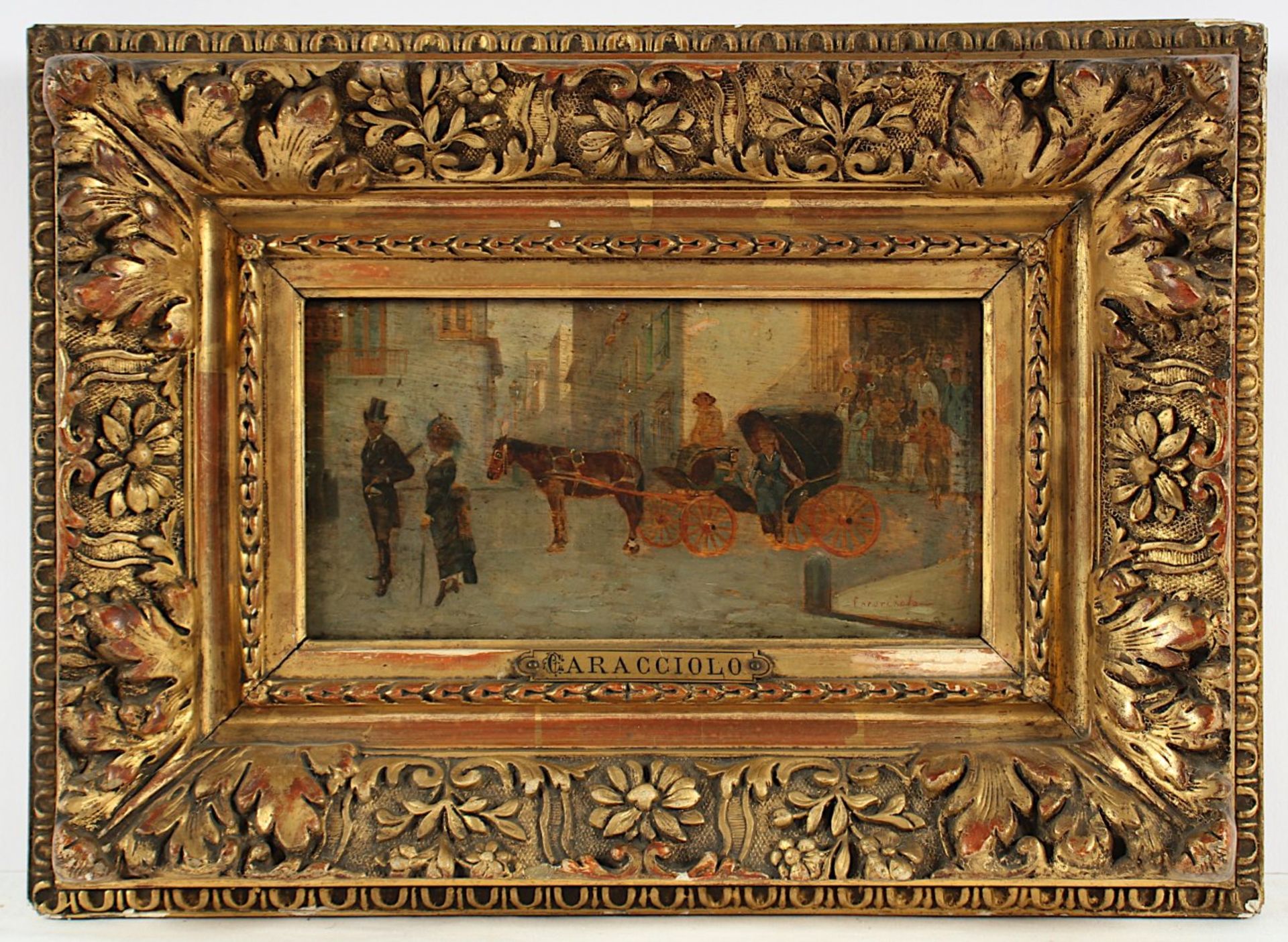 CARACCIOLO, Ottorino (1855-1880), "Stadtszene mit Kutsche", Öl/Holz, 9 x 18, besch., unten rechts