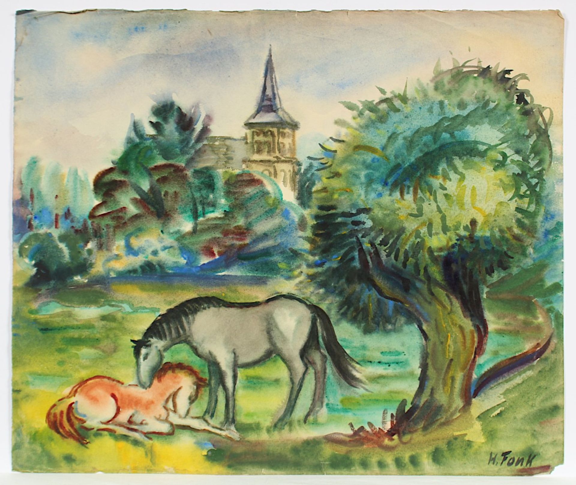 FONK, Hanna (1905-1969), "Pferde", Aquarell/Papier, 50 x 59,5, besch., unten rechts signiert - Bild 2 aus 2