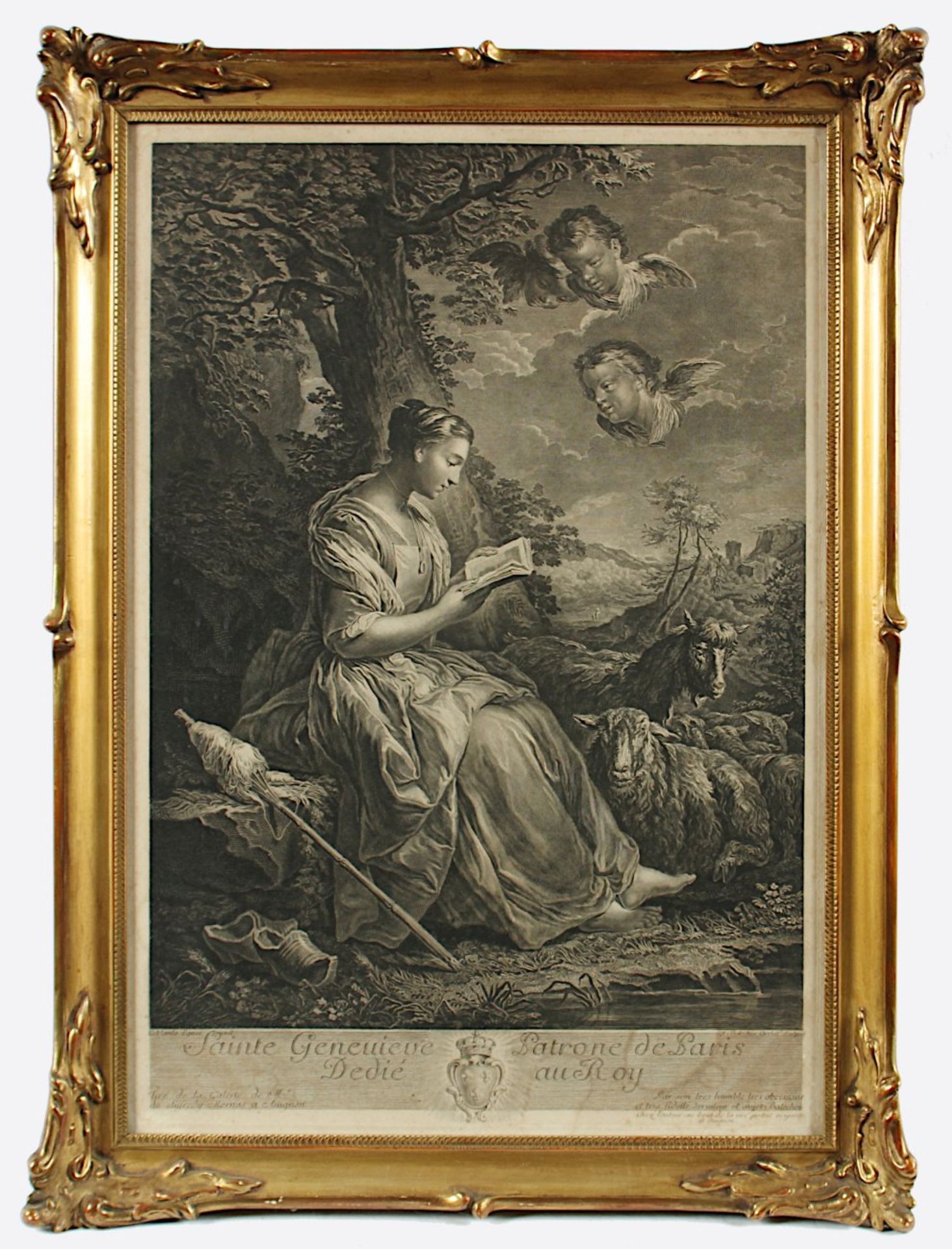 SAINTE GENEUIEVE, Patrone de Paris, (Lesende), Kupferstich, 52 x 35, E.18.Jh., R.