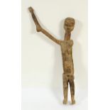 STEHENDE WEIBLICHE FIGUR, Holz, geschnitzt, farbig patiniert, besch., H 96, wohl LOBI, BURKINA FASO,