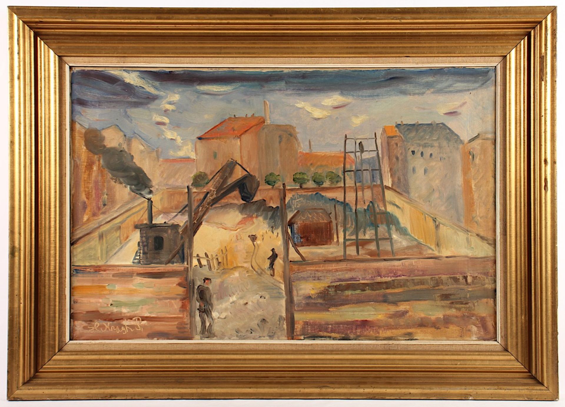 KRAGH-PEDERSEN, Hjalmar (1883-1962), "Großbaustelle mit Löffelbagger", Öl/Lwd., 50 x 77, unten links - Bild 2 aus 4