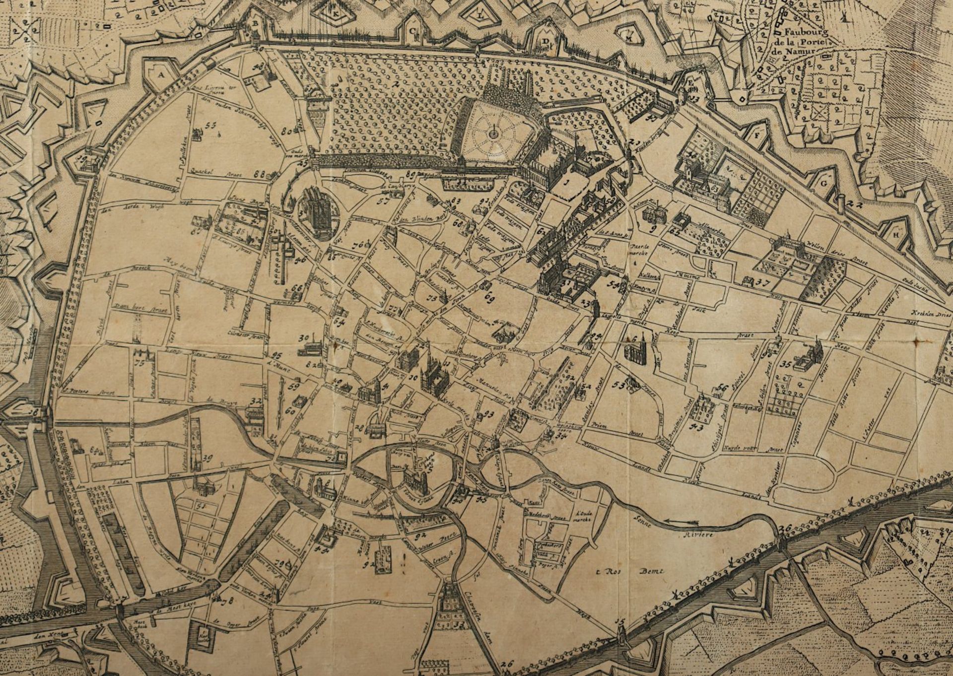 BRÜSSEL, "Plan de la ville de Brusselles avec les attaques", Kupferstich, Befestigungsplan, 42 x - Bild 2 aus 2