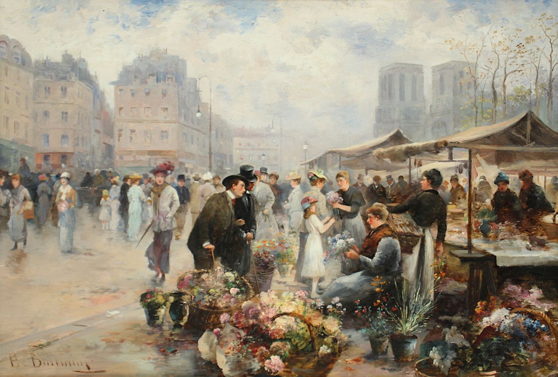 BARBARINI, Emil (1855-1933), "Blumenmarkt vor Notre Dame de Paris", Öl/Holz, 27 x 40, unten links