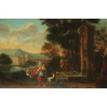 FRANKREICH UM 1800, "Landschaft mit Brunnen und Figurenstaffage", Öl/Holz, 34 x 52, besch. und