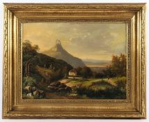 MALER DES 19.JH., "Landschaft mit Burg und Kirche", Öl/Lwd., 41 x 56,5, auf Holz aufgezogen,