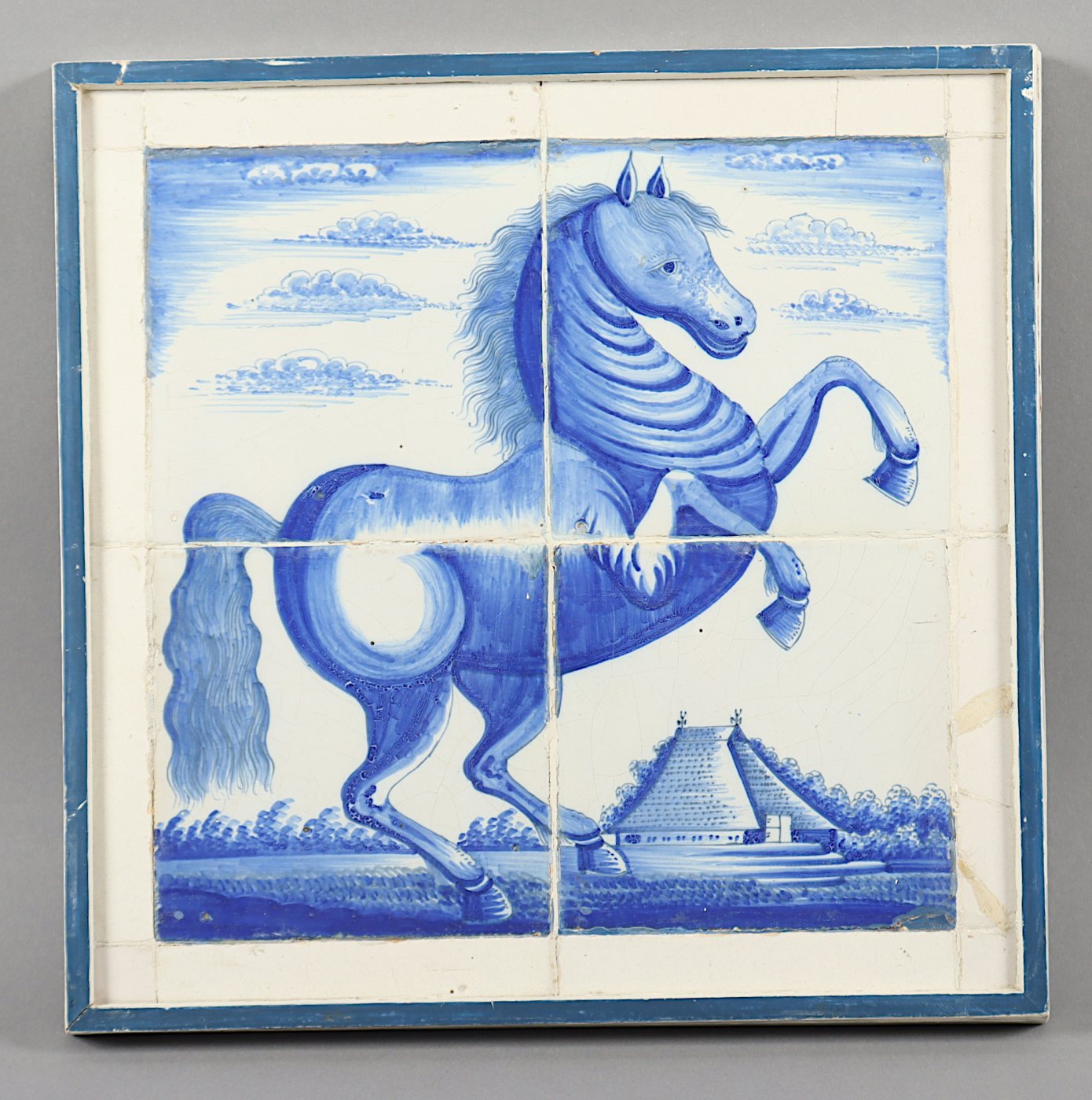 KACHELBILD, Fayence, blau bemalt, glasiert, DELFT, um 1700, gerahmt 31,5 x 32