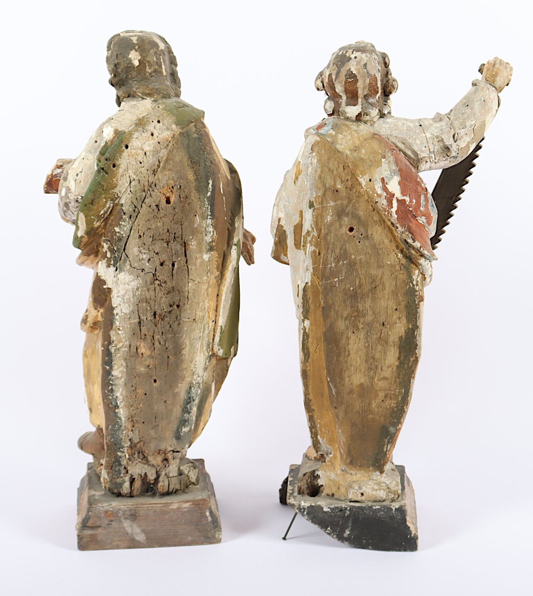 PAAR HEILIGENFIGUREN, Josef und Paulus, Holz, geschnitzt, besch., Reste polychromer Fassung, H 45, - Bild 3 aus 3