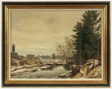 THEODOR, Joseph (Belgischer Maler E.19.Jh.), "Holzverarbeitungsbetrieb am Fluss", Öl/Platte, 46 x