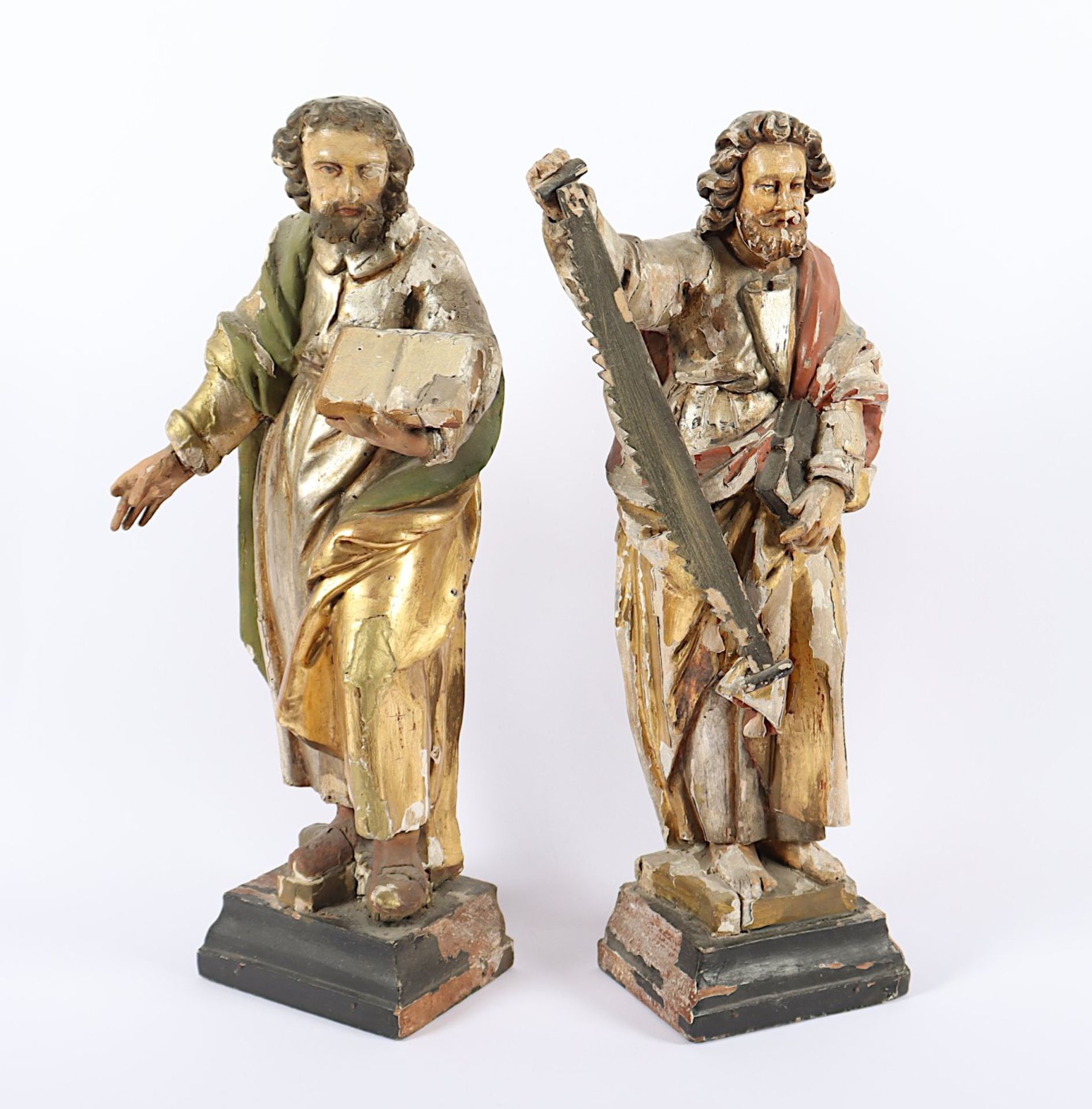 PAAR HEILIGENFIGUREN, Josef und Paulus, Holz, geschnitzt, besch., Reste polychromer Fassung, H 45, - Bild 2 aus 3