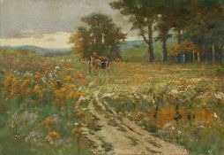 MALER UM 1920, "Sommerliche Landschaft mit Pferdefuhrwerk", Öl/Lwd., 36 x 51, besch., R.
