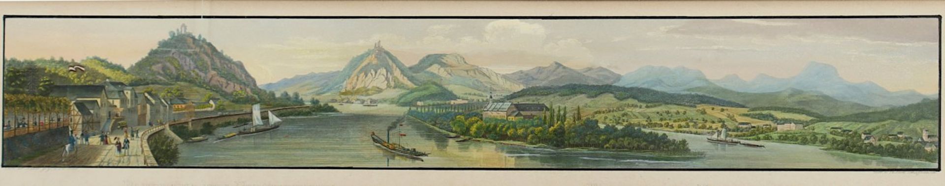 BONN, "Panorama von Nonnenwerth", von Theophil Beck, Schaffhausen, Aquatinta-Stahlstich (koloriert), - Image 2 of 2