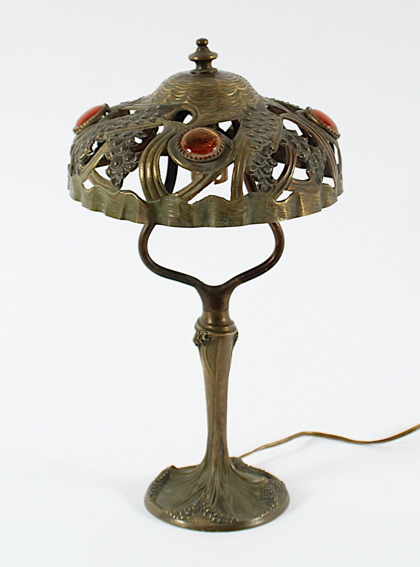 KLEINE JUGENDSTIL-TISCHLAMPE, Messing/Bronze, einflammig, H 31, signiert, LELEU, um 1900