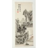 MALEREI, Tusche und Farben auf Papier, Landschaft, Aufschrift und Siegel, 130 x 48, besch. CHINA,