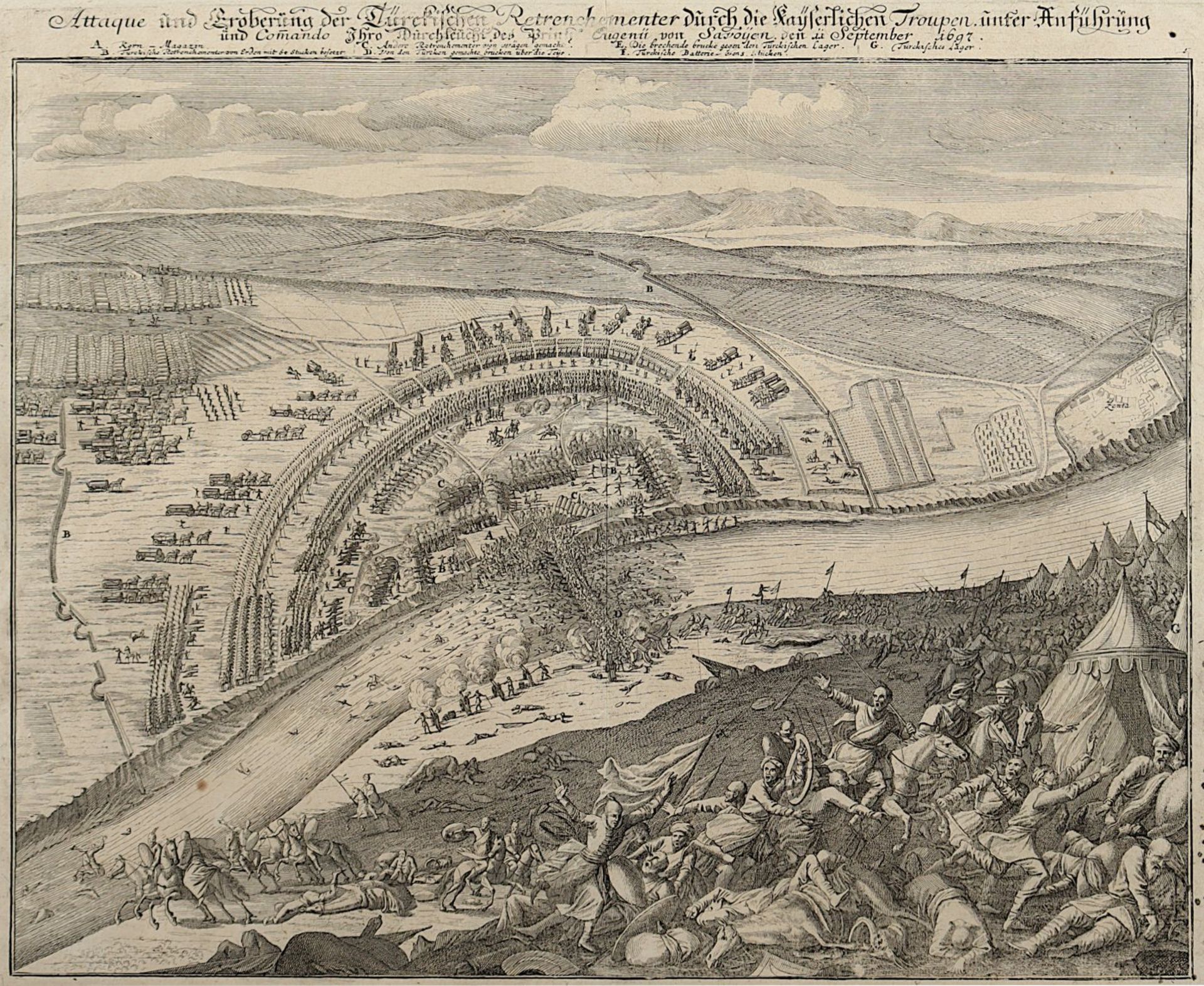 SCHLACHTPLAN TÜRKENSCHLACHT, Kaiserliche Truppen Prinz Eugen von Savoyen, 1697, Kupferstich, 29 x - Image 2 of 2