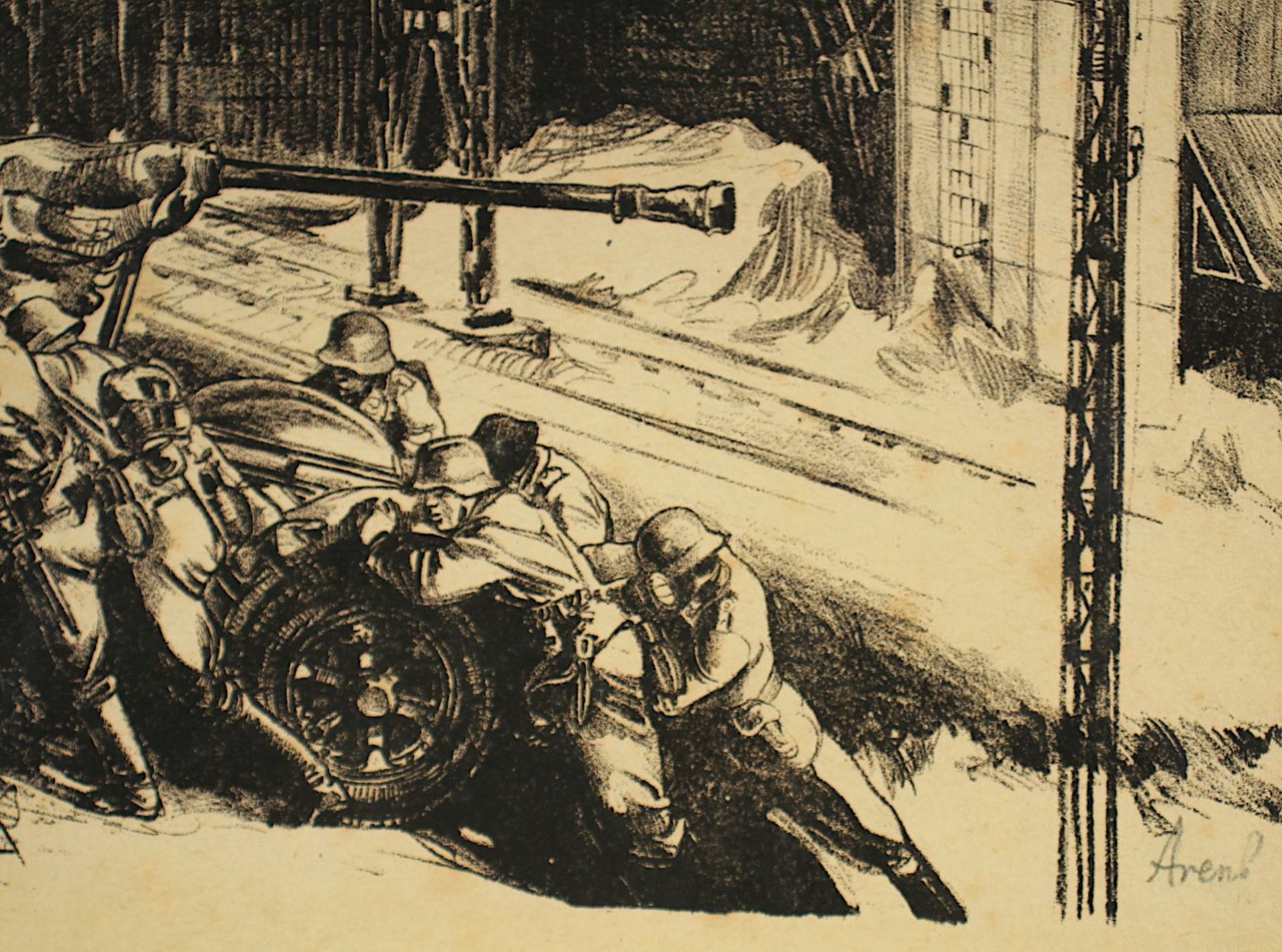 ARENS, Albert (1881-ca.1953), "Krupp-Hüttenwerk mit Flak", Lithografie, 52 x 41, handsigniert, R. - Image 3 of 3