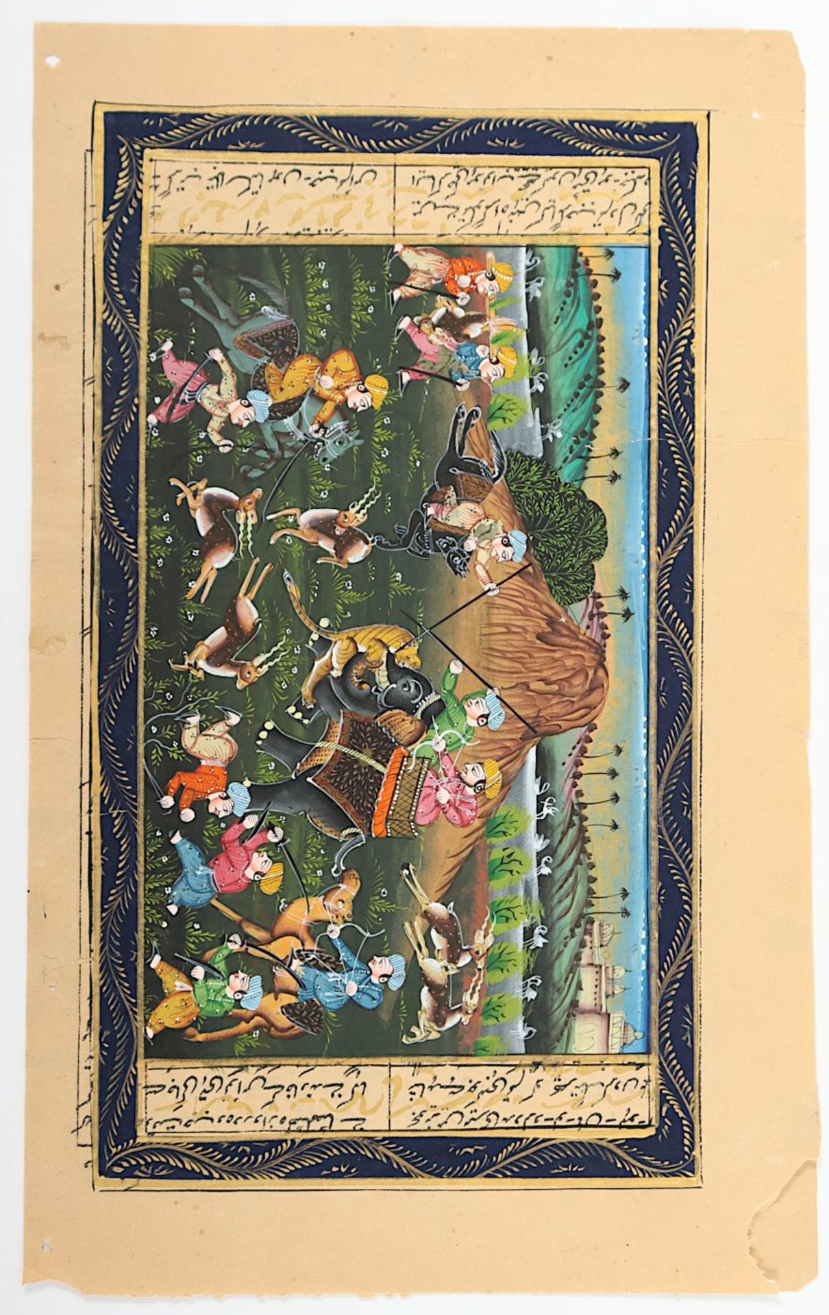 BUCHSEITE MIT JAGD-MINIATUR, Tusche, Farben und Gold auf Papier,12 x 21, min.besch., PERSISCH - Bild 2 aus 2