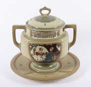 BOWLE AUF TELLER, Steinzeug, polychrom bemalt, glasiert, min.best., H 34, METTLACH, um 1900/10