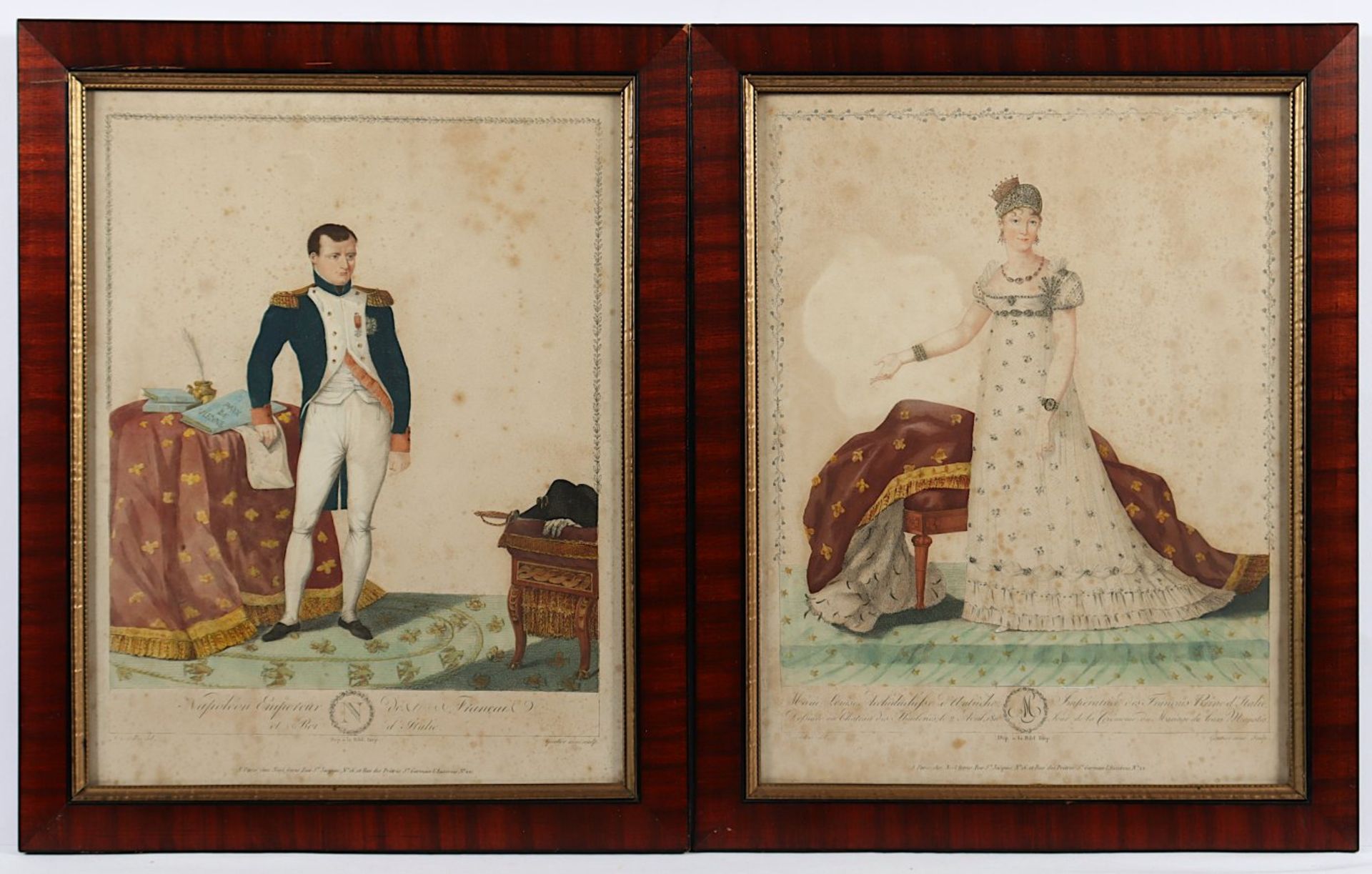 NAPOLEON UND MARIE LOUISE, zwei kolorierte Stiche, 31 x 24, von Gautier, fleckig, 1.H.19.Jh., R.